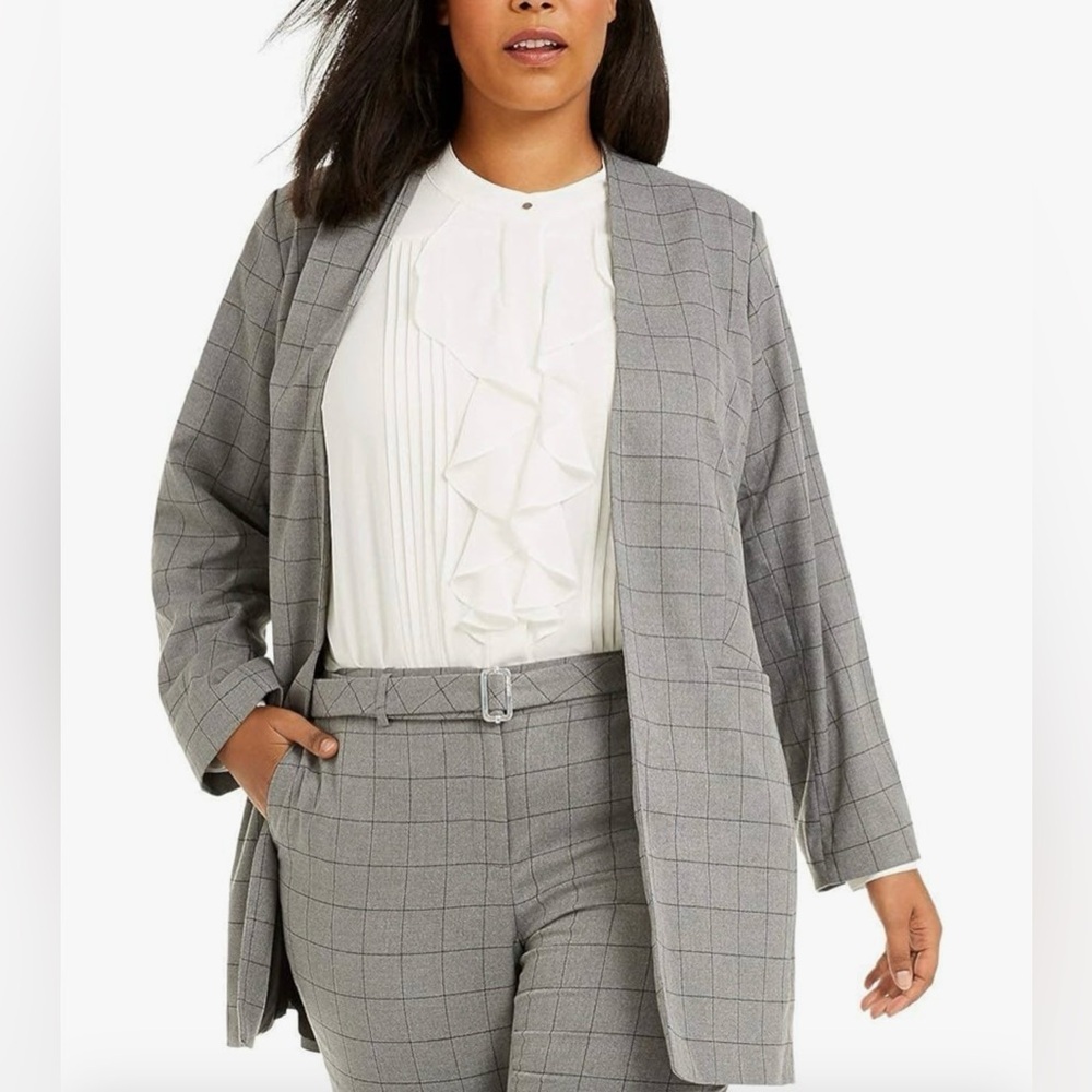 Calvin Klein Collarless Plaid Topper Long Jacket  Blazer Suit Set Size 14. B40